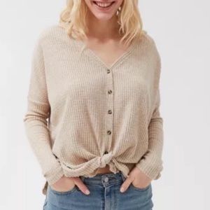 Urban Outfitters Out From Under Waffle Thermal Button Tan Top Small
